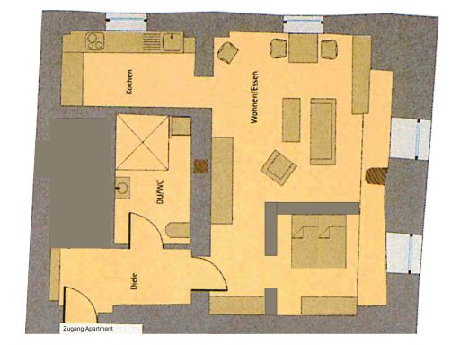 Grundriss Raumaufteilung mit Wohn-/Esszimmer, Küche, Schlafzimmer, Badezimmer, Flur