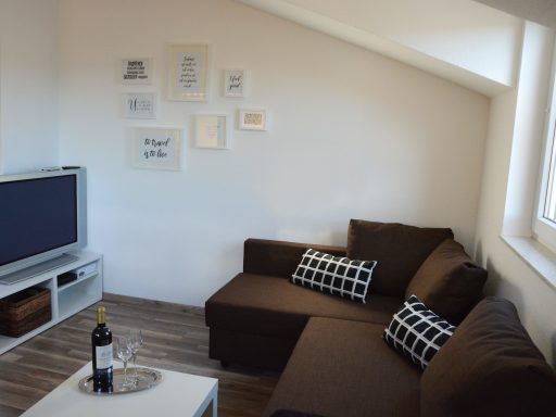 Wohnzimmer mit Fernseher, Ausziehsofa, Couchtisch und Snacks.